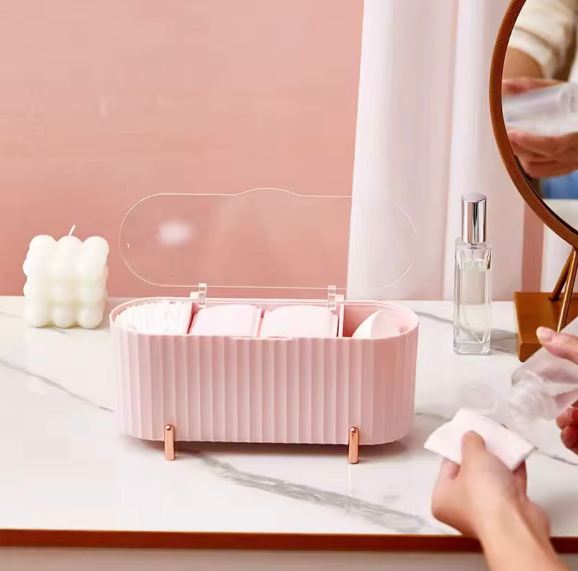 Desktop Cotton Swabs Storage Case, Cosmetic Storage Box With Lid, Beauty Blender Storage Organizer, Makeup Cotton Wipes Organizer Desktop Cotton Swabs Storage Case, Cosmetic Storage Box With Lid, Beauty Blender Storage Organizer, Makeup Cotton Wipes Organizer